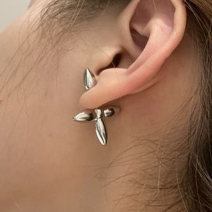 Silver tone faux earplug front back earrings